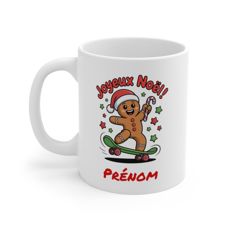 Tasse de Noël Personnalisée – Mug Bonhomme Pain d’Épices sur Skateboard avec Prénom – Idée Cadeau Originale