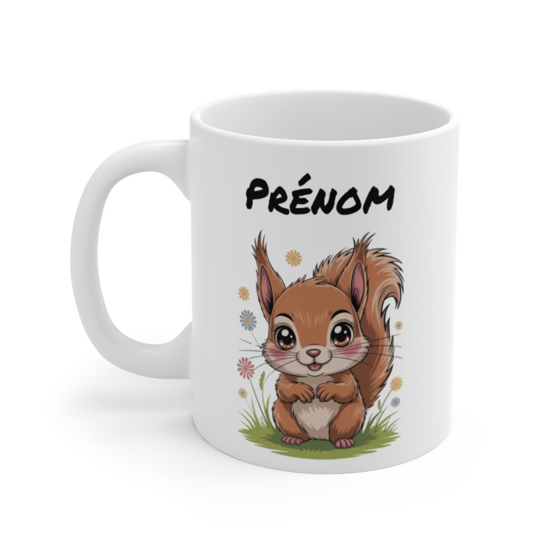 Mug Personnalisé – Tasse avec Prénom – Écureuil Mignon dans un Champ de Fleurs – Cadeau Original