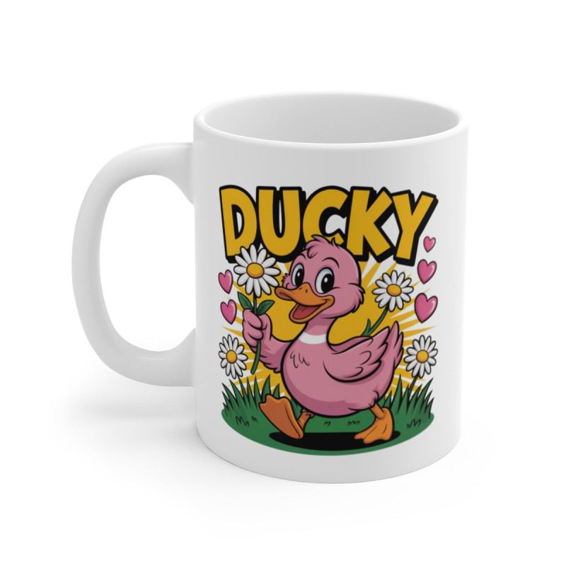 Mug Ducky 325ml – Canard Rose mignon avec Marguerites et Cœurs – Tasse en Céramique Cadeau Original