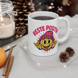 Mug Reste Positif 325ml – Smiley Fun avec Casquette Rose – Tasse Motivée et Originale