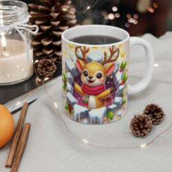 Tasse Noël 325ml – Mug Céramique Faon Cartoon avec Guirlande et Écharpe – Cadeau Original Hiver Fêtes