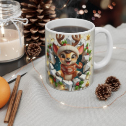 Tasse Noël 325ml – Mug Céramique Faon Cartoon en Pull Rouge et Bonnet – Cadeau Hiver Fêtes