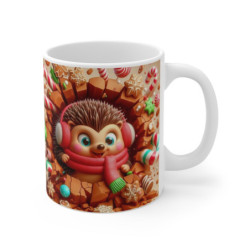 Mug Noël 325ml – Hérisson Mignon avec Écharpe Rouge et Friandises – Tasse Céramique Cadeau Hiver