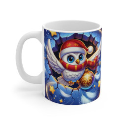 Mug Noël 325ml – Chouette Blanche Festive avec Écharpe Rouge et Boule Dorée