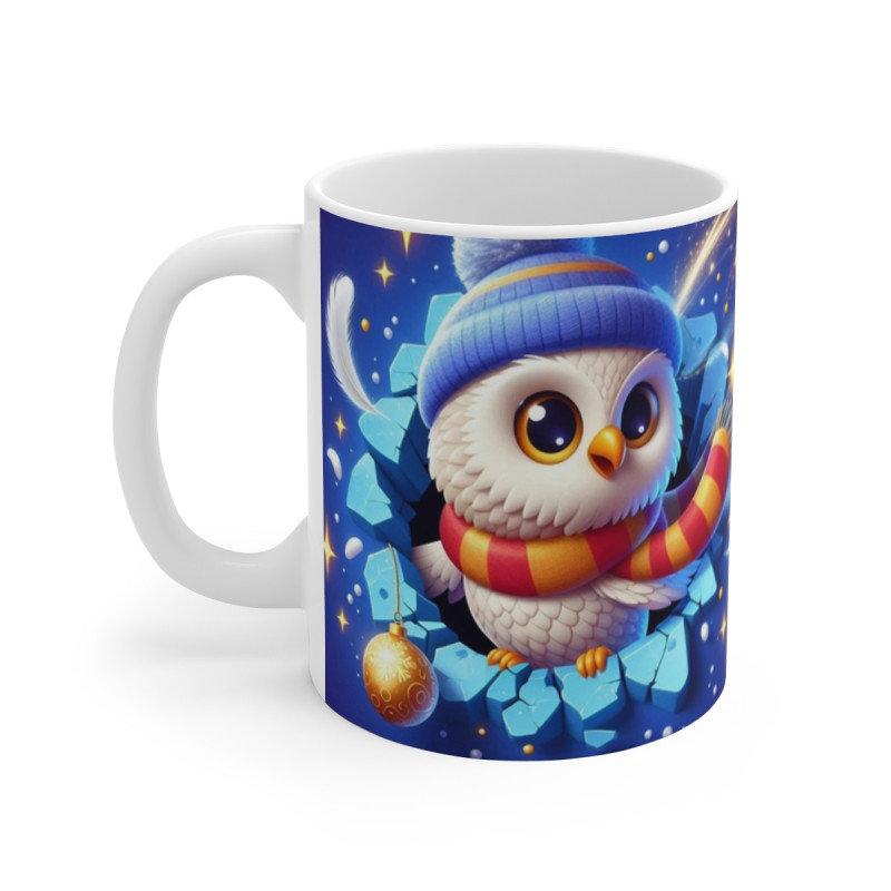 Mug Noël 325ml – Chouette Magique en Bonnet Bleu et Écharpe Rayée