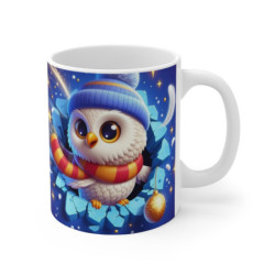 Mug Noël 325ml – Chouette Magique en Bonnet Bleu et Écharpe Rayée – Tasse Céramique Cadeau Hiver