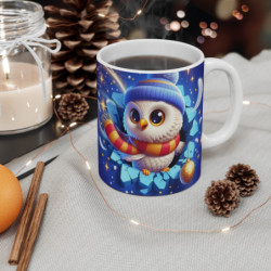 Mug Noël 325ml – Chouette Magique en Bonnet Bleu et Écharpe Rayée – Tasse Céramique Cadeau Hiver