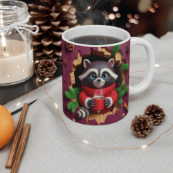Tasse Raton Laveur Hiver – Mug Céramique 325ml – Cadeau Noël Animaux Chaud Cocooning