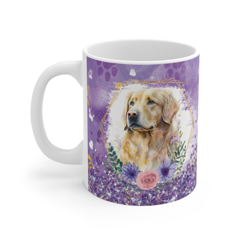 Tasse Céramique 325 ml Golden Retriever Fleurs – Mug Motif Complet Violet